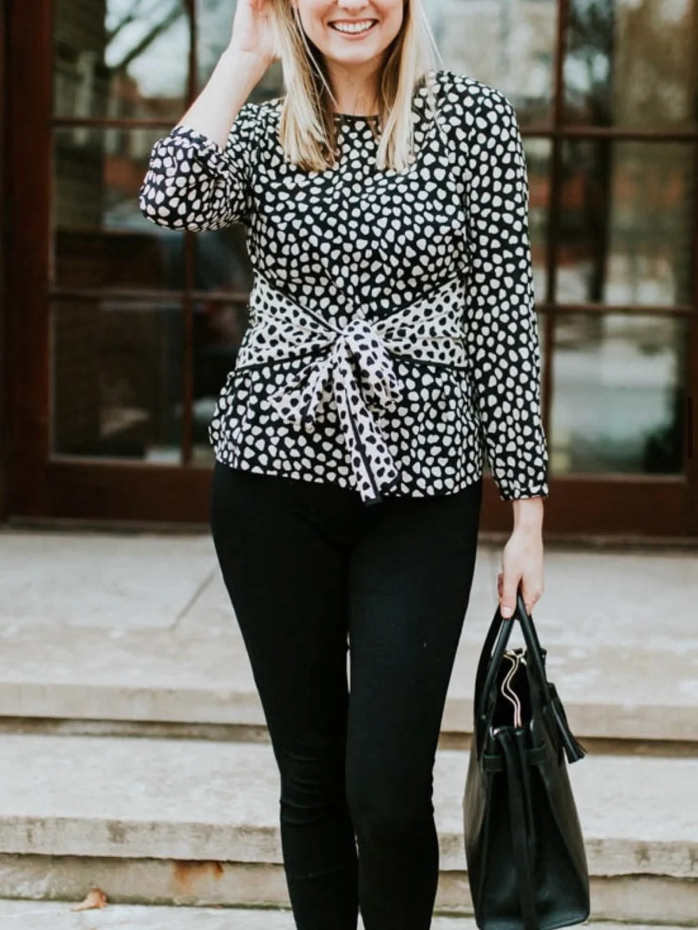 J.Crew Silk Black and White Polka Dot Tie-Waist Blouse